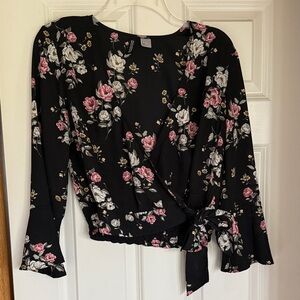 H&M Black Floral Wrap Blouse with Pink & White Roses